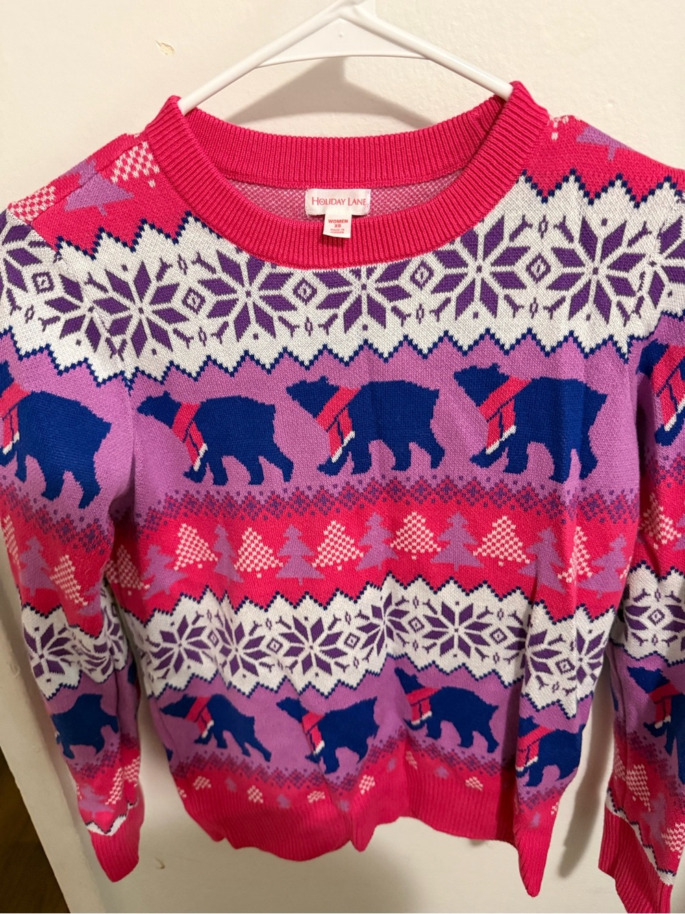 Holiday Lane Women's Pink & Purple Bear Fair Isle Crewneck Sweater